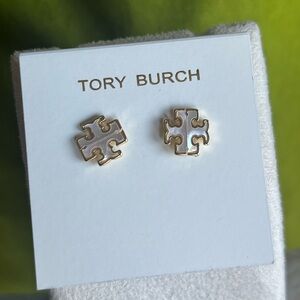 Tory Burch mother of pearl gold toneLogo Stud Earrings